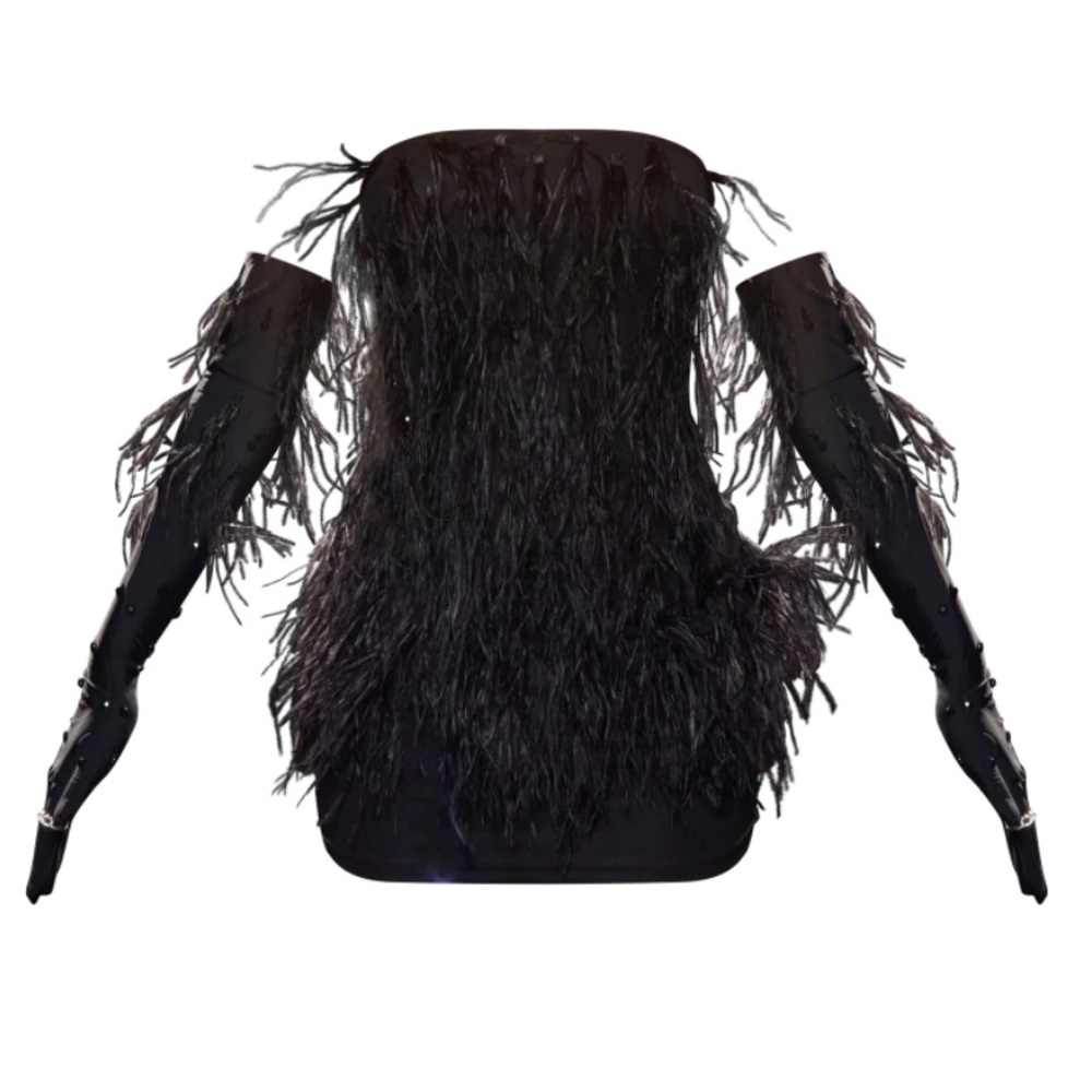 Premium Black Feather Bandeau Glove Detail Bodycon Dress - Picture 4 of 6